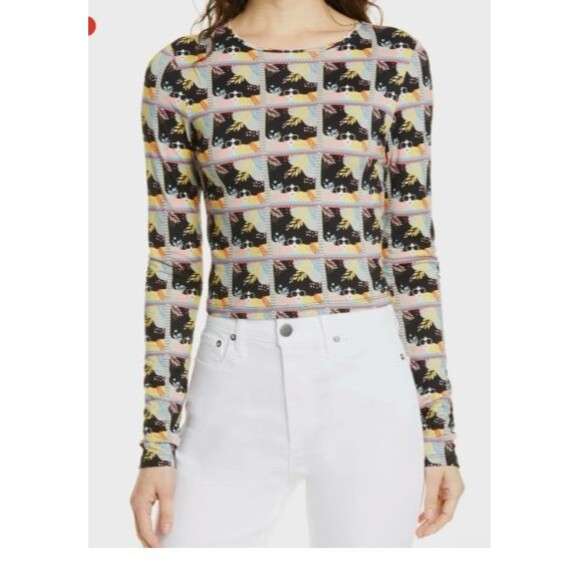Alice & Olivia Delaina Stace Face Long Sleeve Crop Top All Ocer Print Multi M - Picture 11 of 12